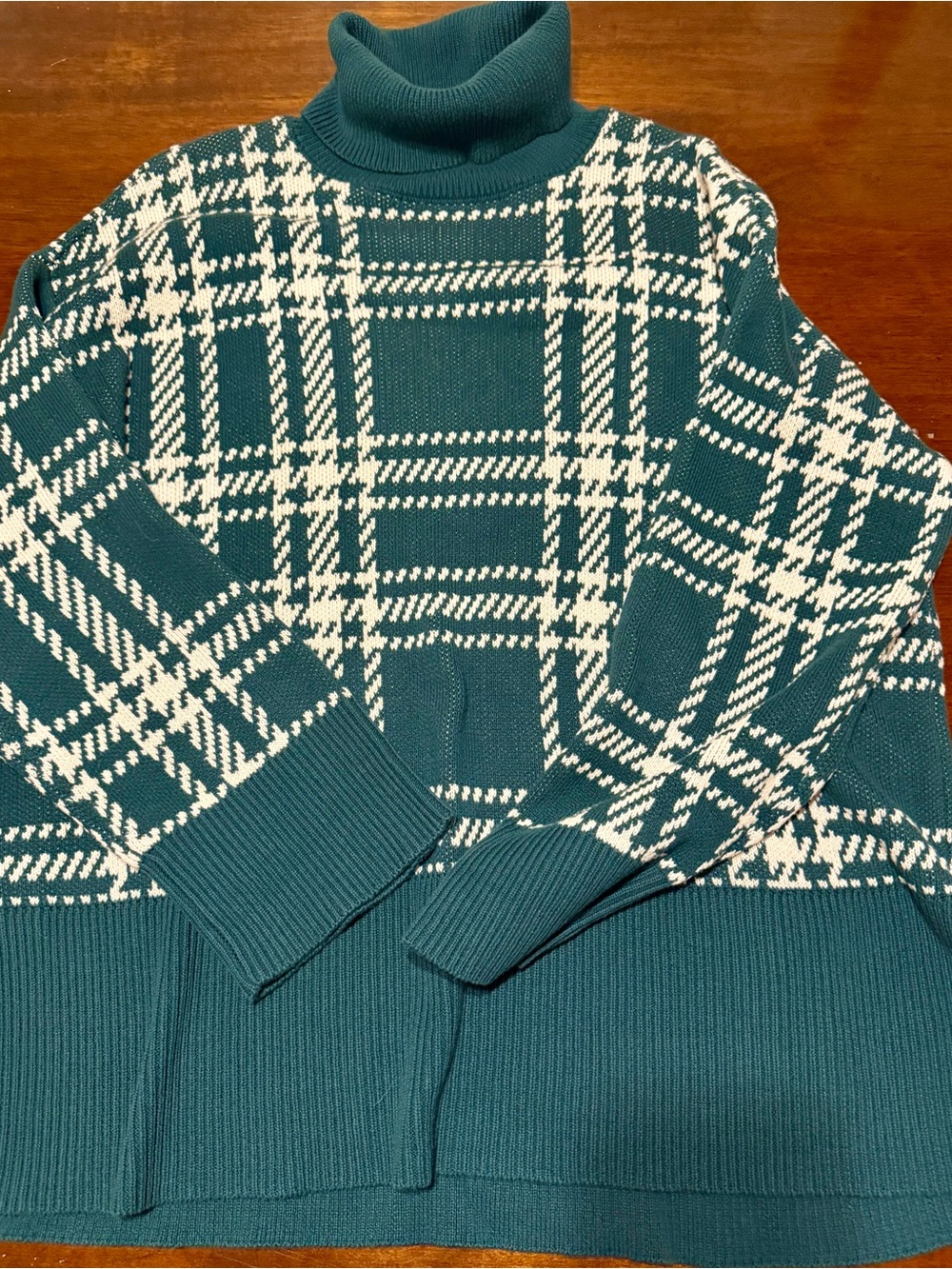 Loft Outlet Turtle Neck Plaid Sweater - Teal & Cream